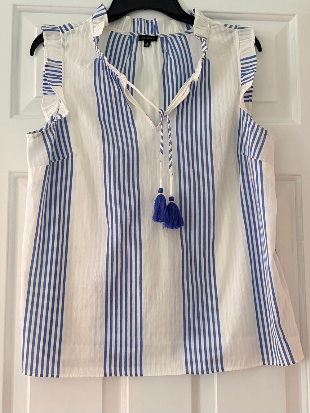 Talbots White & Blue Vertical Stripe Tassel Sleeveless Blouse
